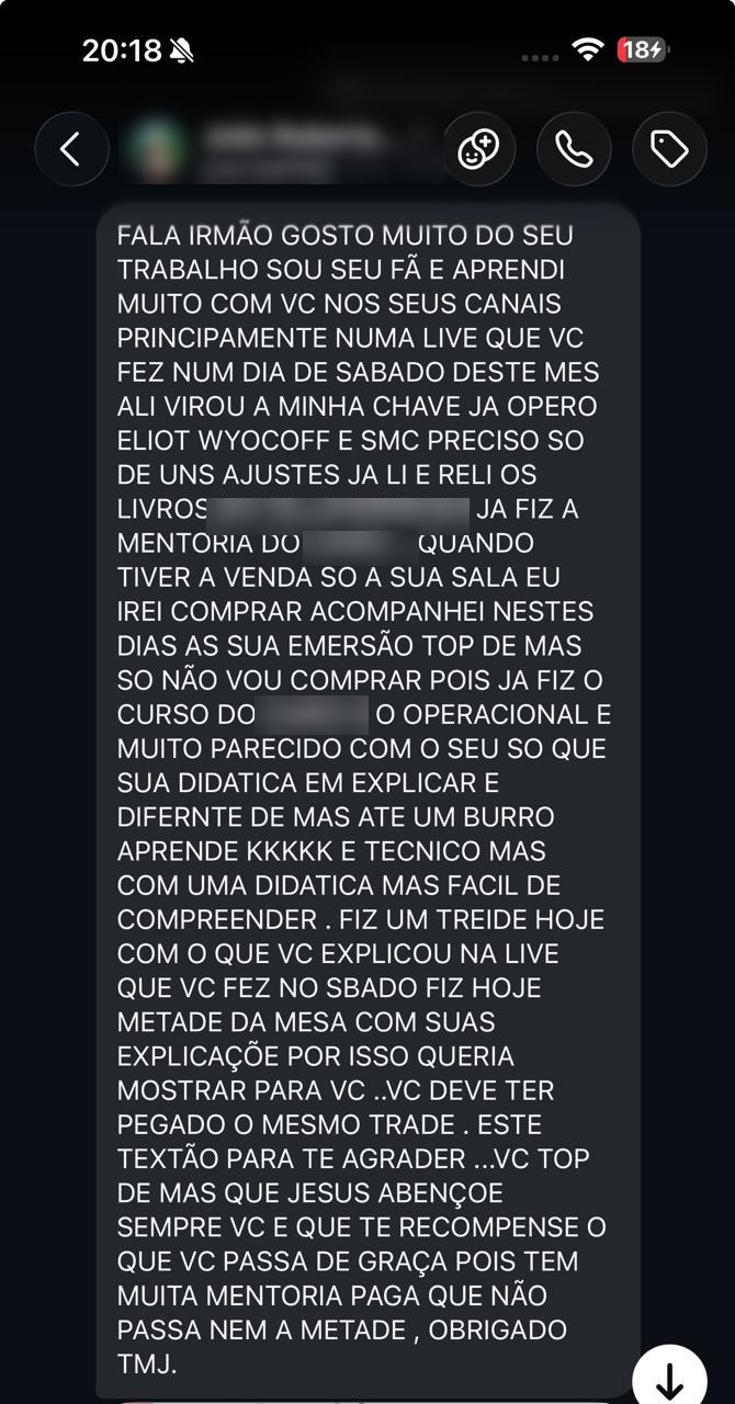 Mensagem de um seguidor contando que a live de sábado do Daniel virou a chave dele e que operou com o que aprendeu